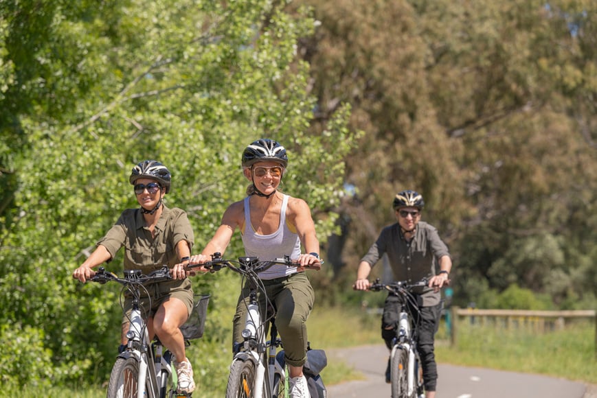 a group of people riding ebikes on a path