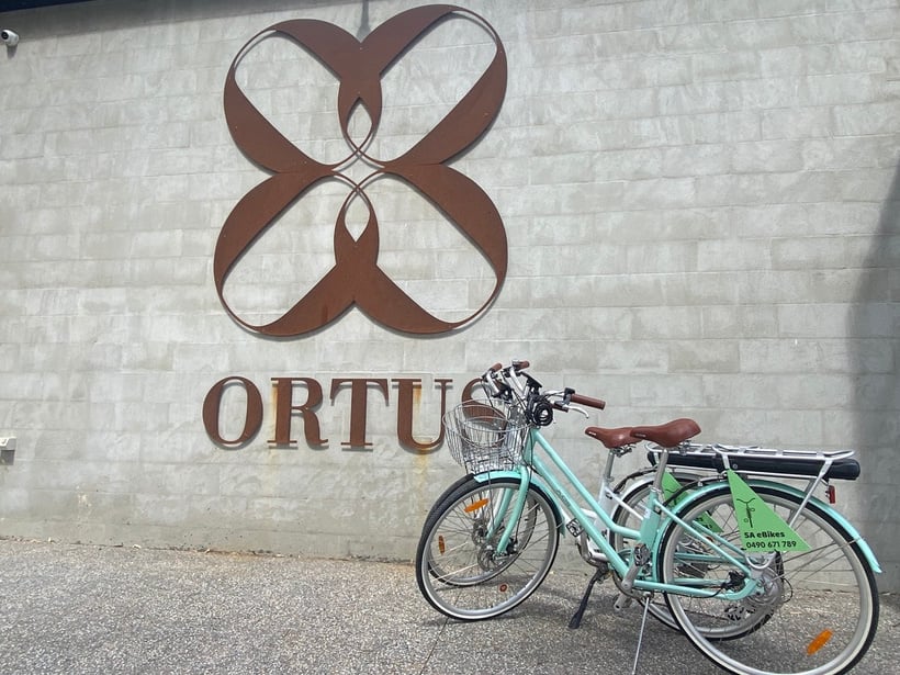 a bicycle is parked in front of the ortus sign