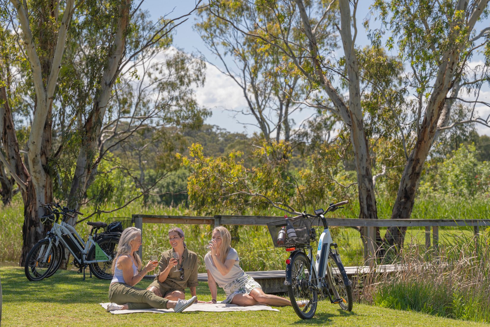 three women sitting on a picnic blanket with ebikes in the background