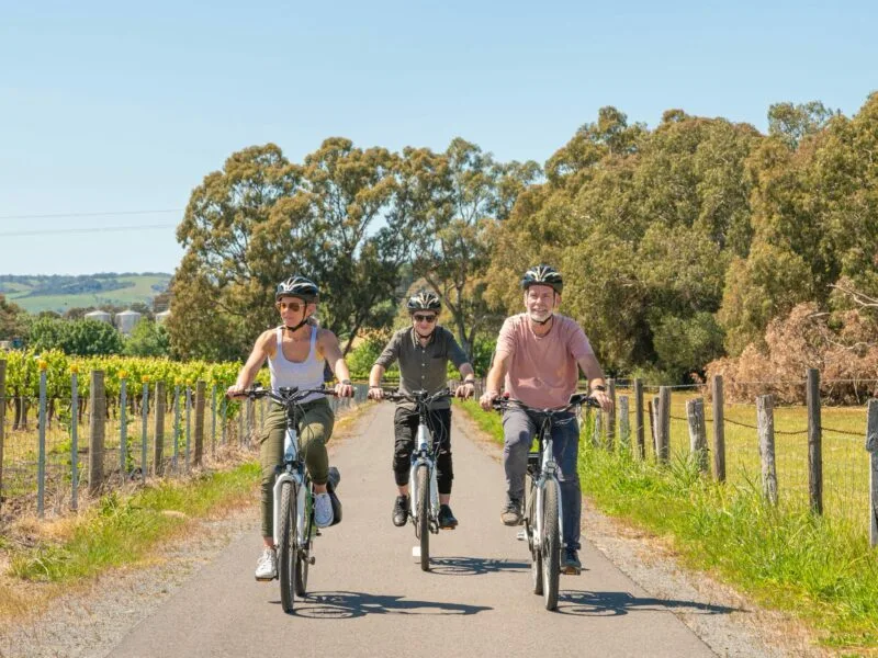 Three riders on ebikes riding the Flat to Vale Trail in McLaren Vale