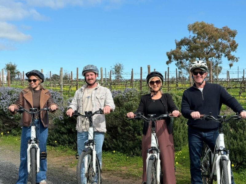 Four riders on their eBikes at McLaren Vale Visitor Centre