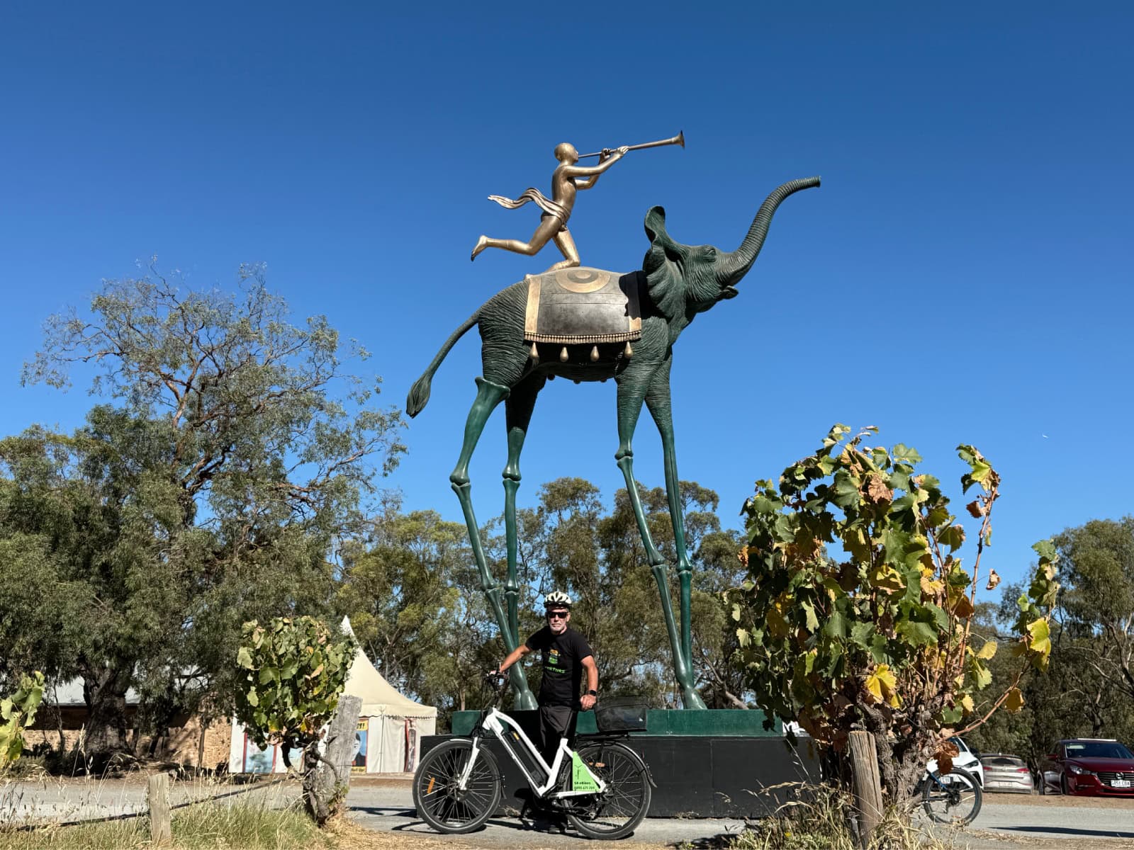 Man with his eBike in front of Dali sculpture of an elephant and herald, D'Arenberg Cube, McLaren Vale