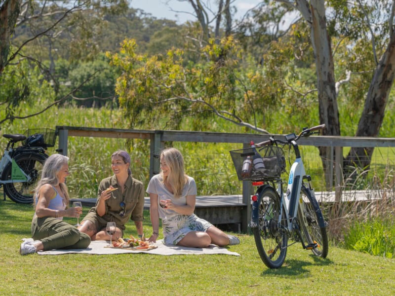 Three woman enjoying wine whilst seated on a picnic rug beside a wooden bridge, with wine bottles in the baskets of SA eBikes that are parked nearby.
