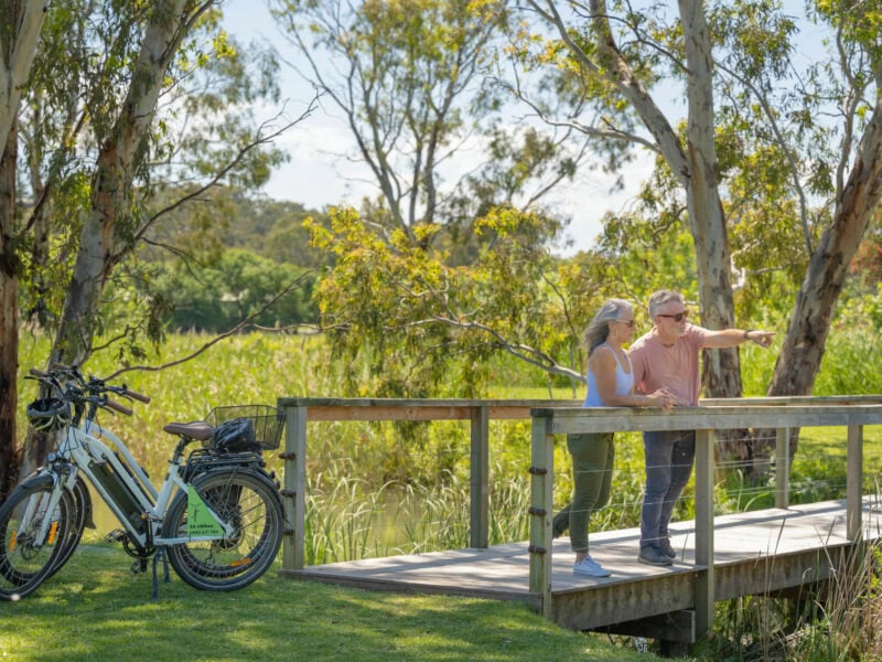 A man and woman leaning on a wooden bridge over wetlands, with their SA eBikes resting to one side