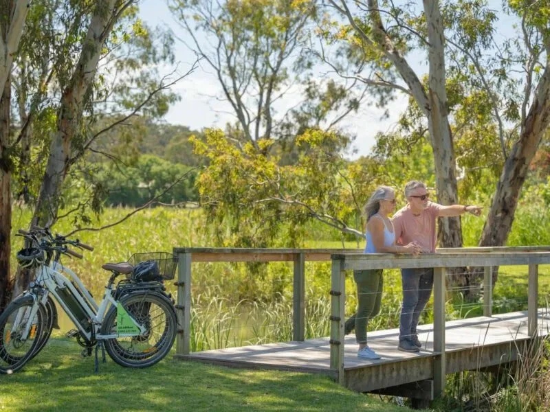 A man and woman leaning on a wooden bridge over wetlands, with their SA eBikes resting to one side