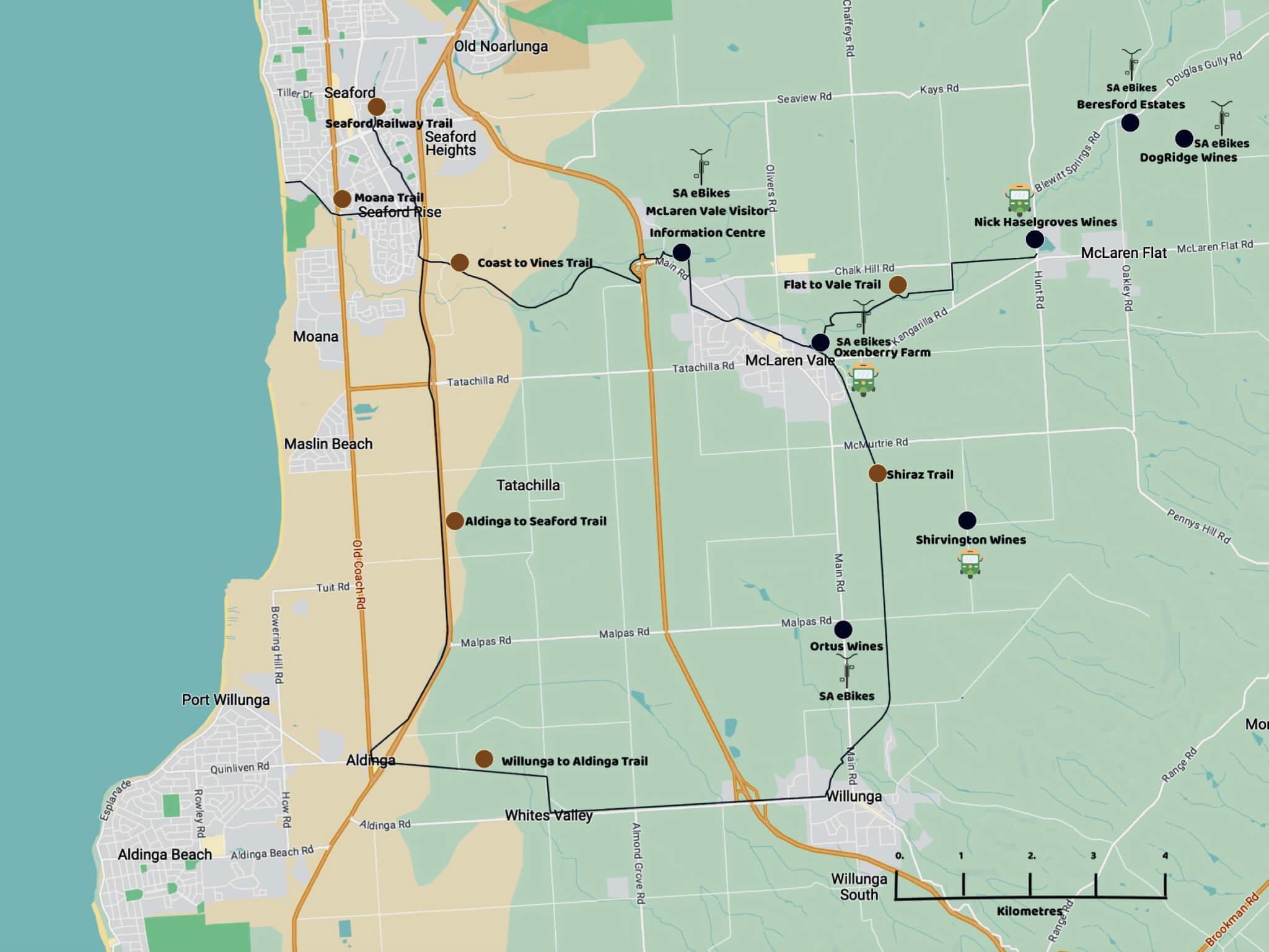 Map McLaren Vale hubs & trails SAeBikes A map of McLaren Vale showing some of the bike trails in the region