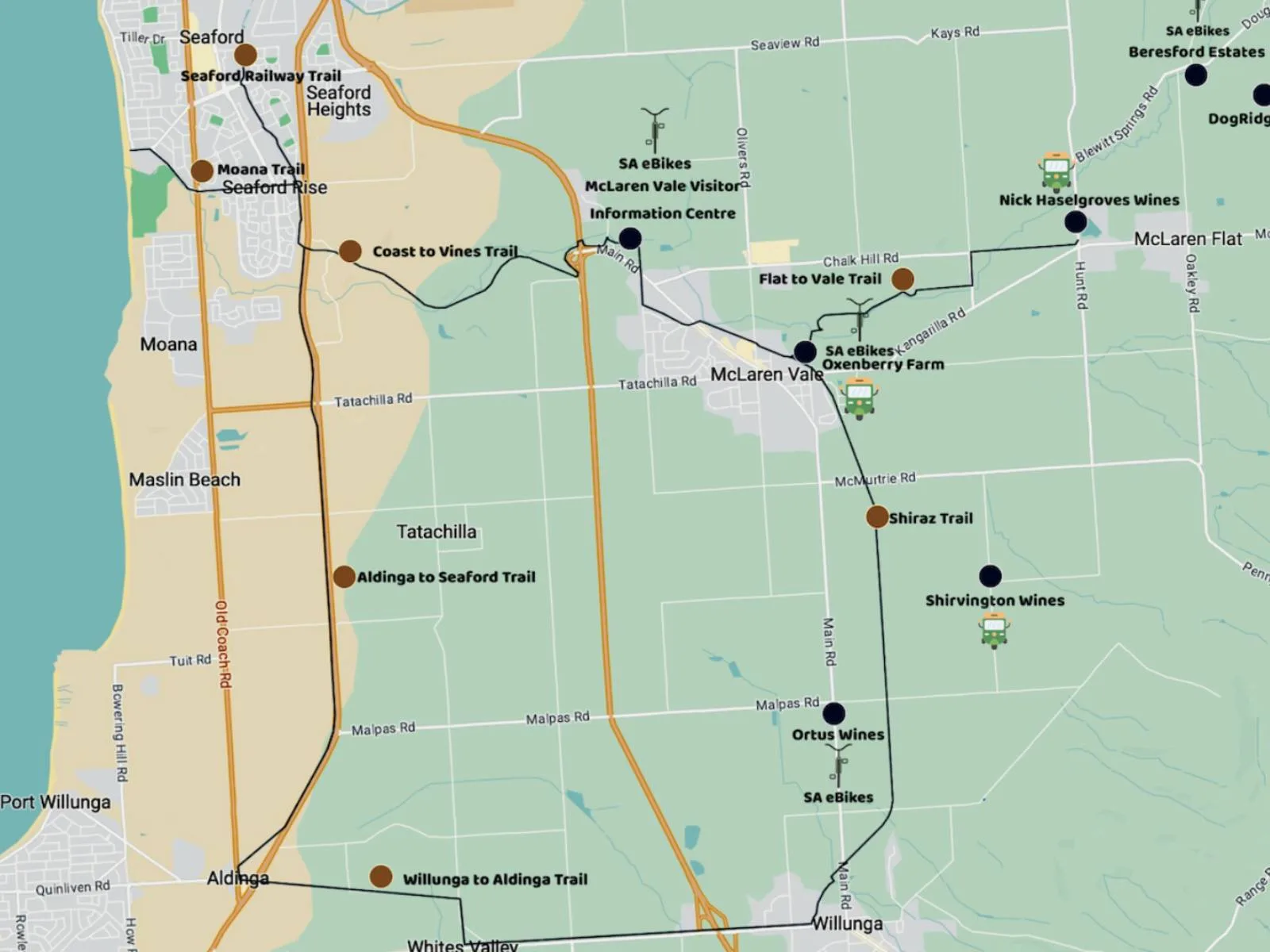 A map of the McLAren Vale are and adjoining coastline, with the SA eBikes hire hubs and the bike trails highlighted