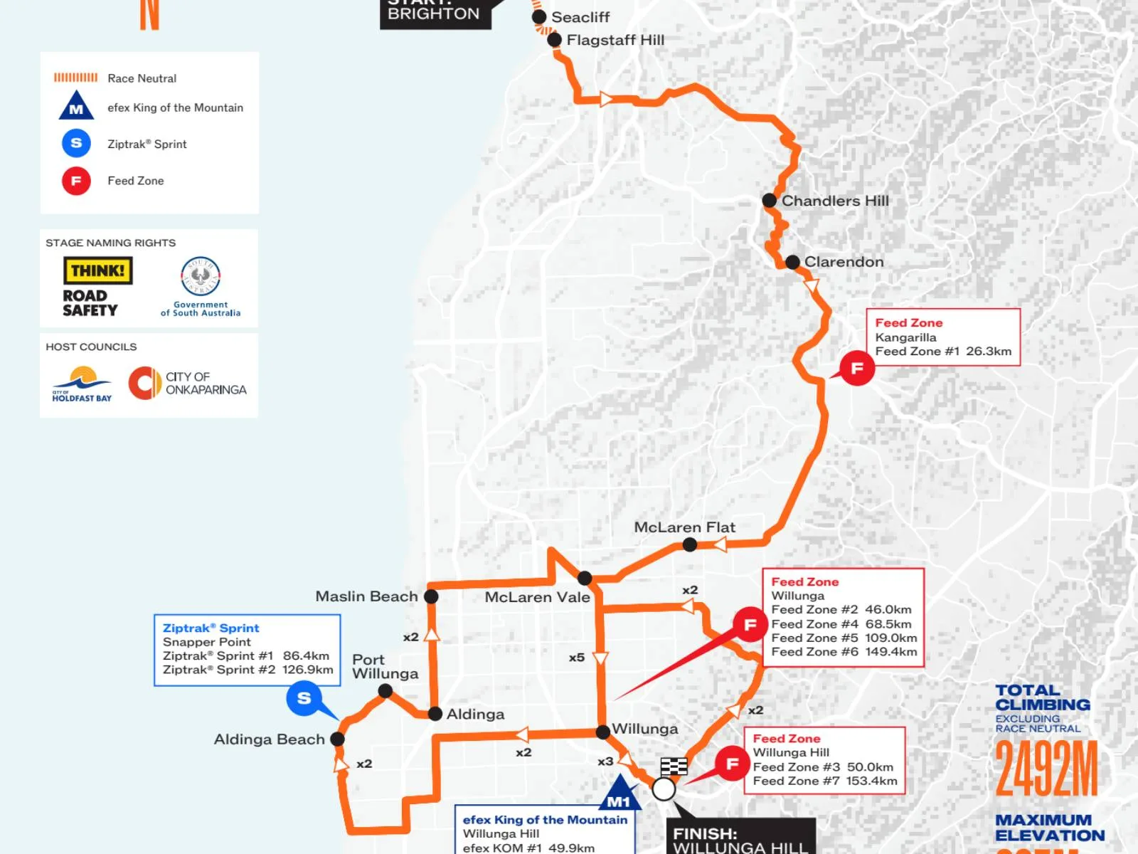 Map of the bike route for Men's TDU stage 4 from Brighton to Willunga Hill