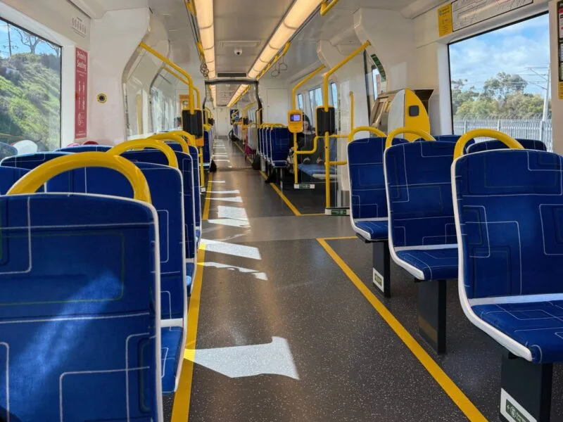 The empty seats and interior of the train from Adelaide to Seaford
