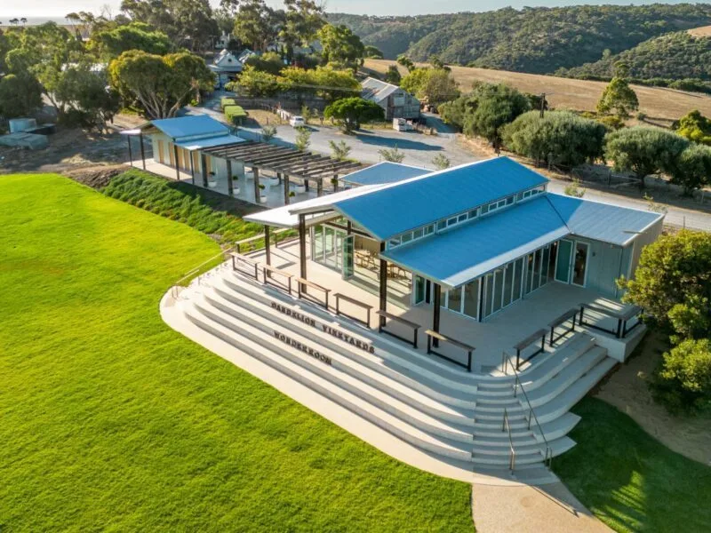 Aerial view of The Wonder Room Pavilion at Dandelion Vineyards, McLaren Vale