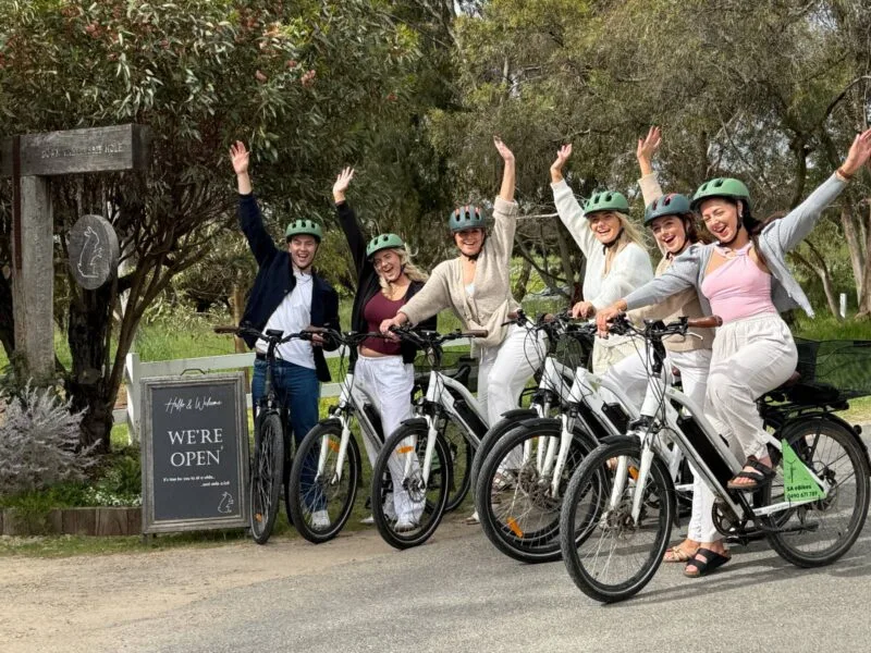 6 exhuberant young adults, sitting astride their e-bikes beside the sign of Down The Rabbit Hole in McLaren Vale
