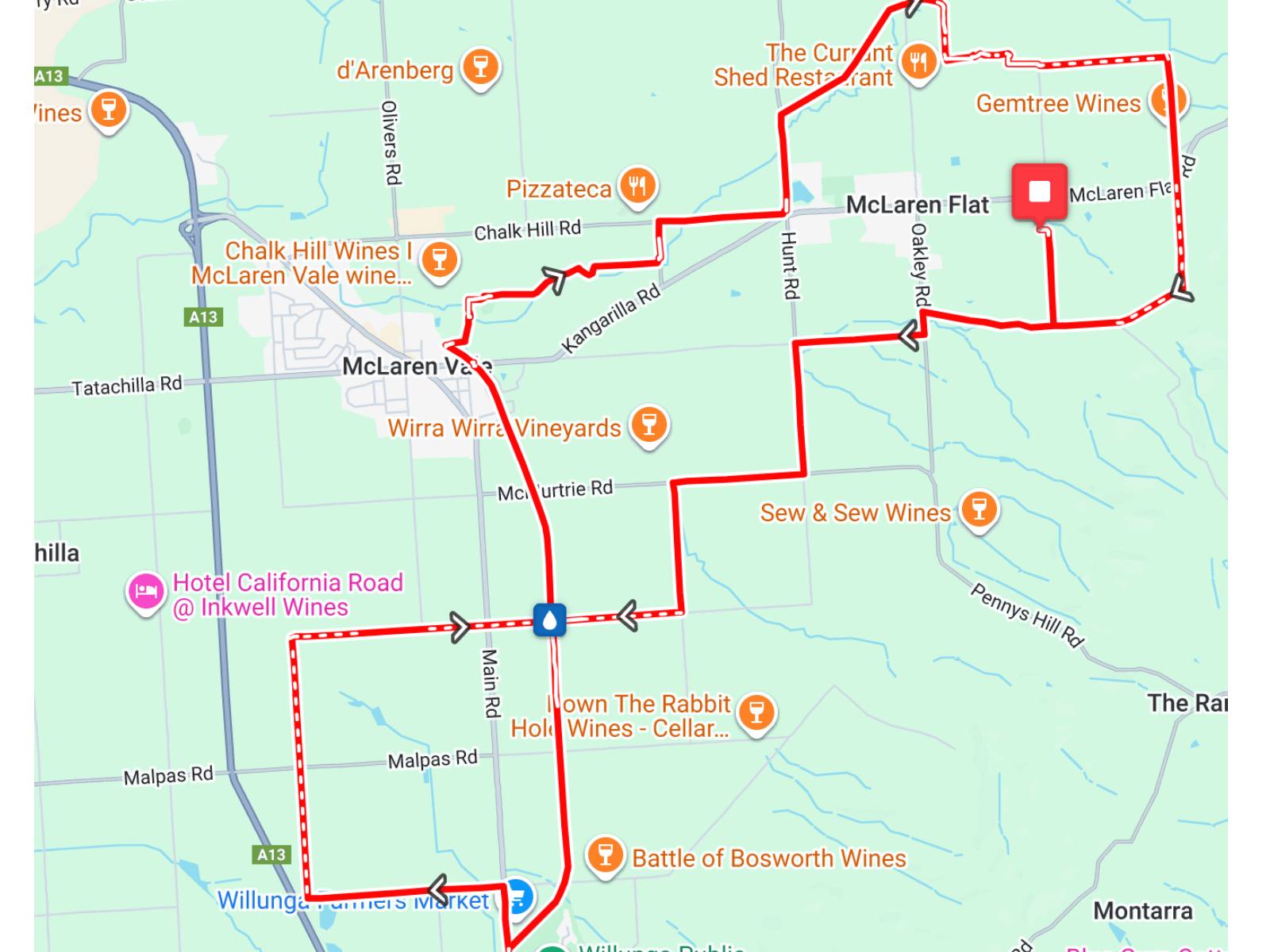 Map of the 35km Radl Grvl bike route in McLaren Vale