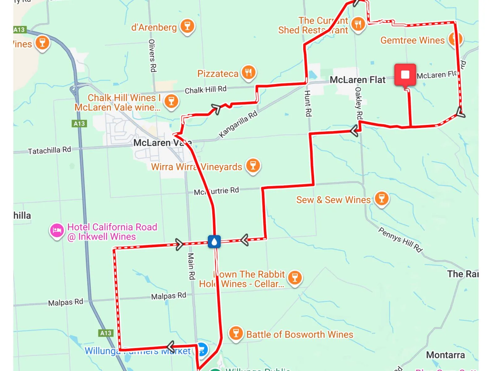 Map of the 35km Radl Grvl bike route in McLaren Vale