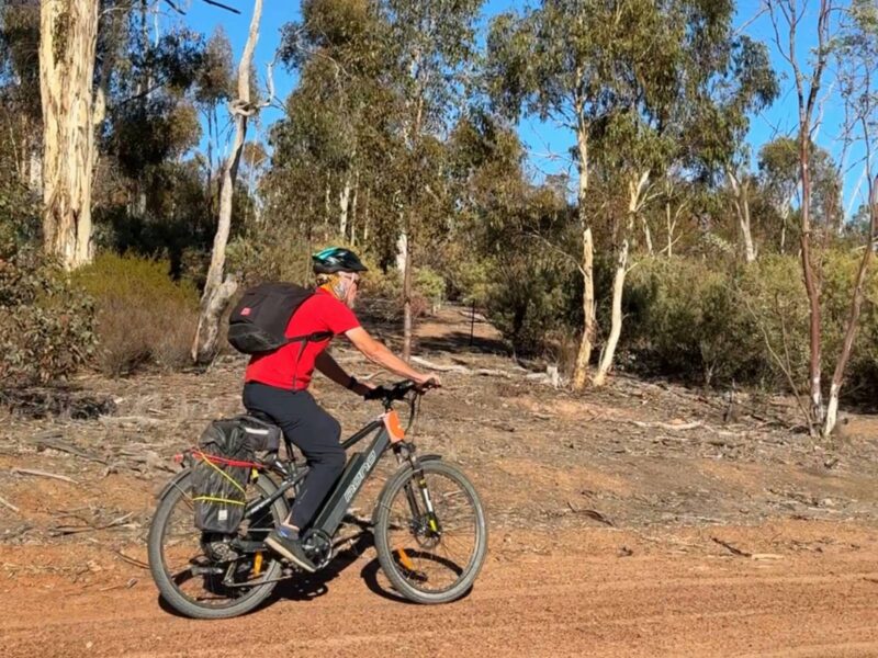 eBike rider on a dirt track with gum trees in the background