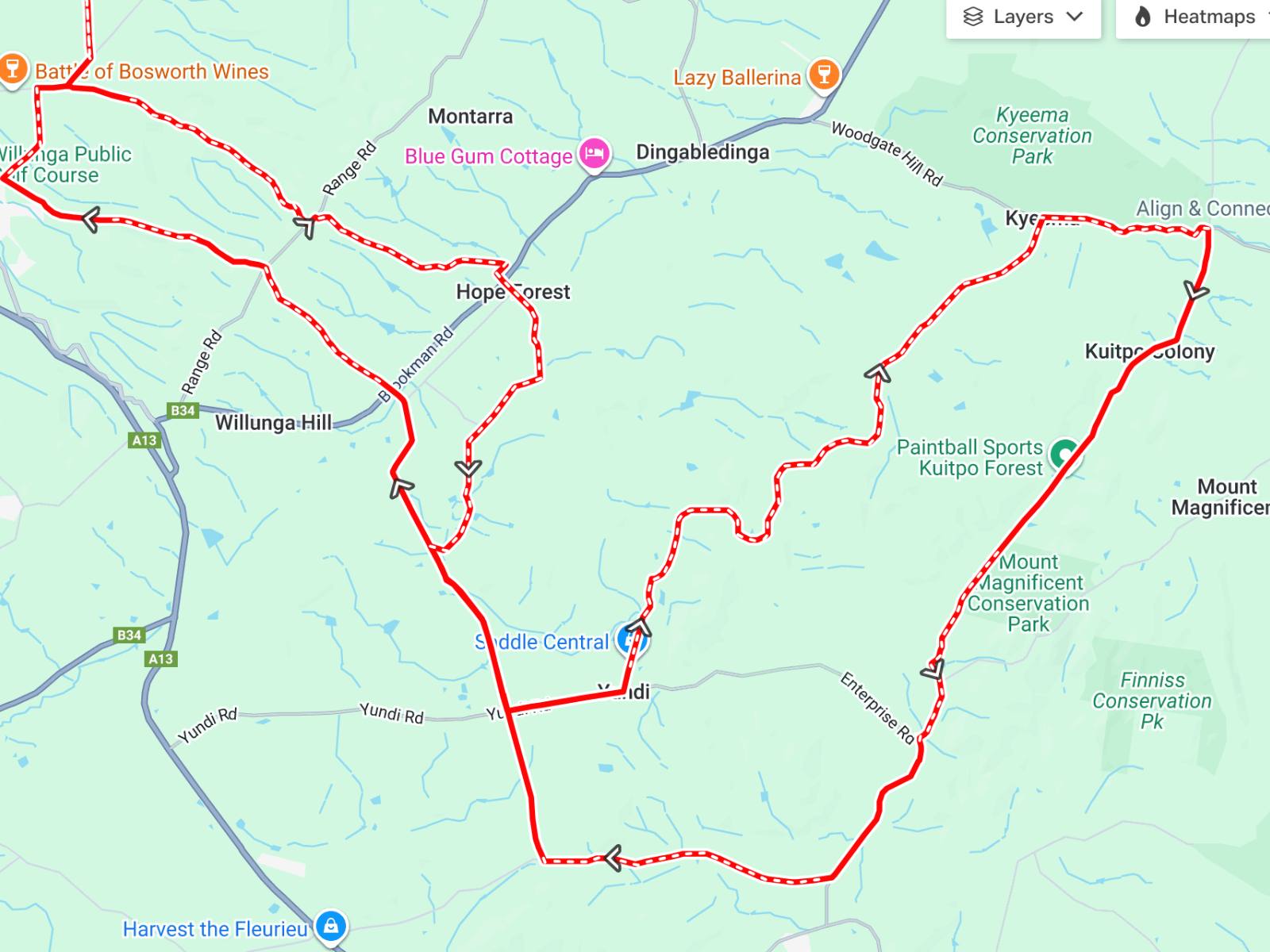 Map showing bike route from Willunga Hill to Kyeema National Park, McLaren Vale