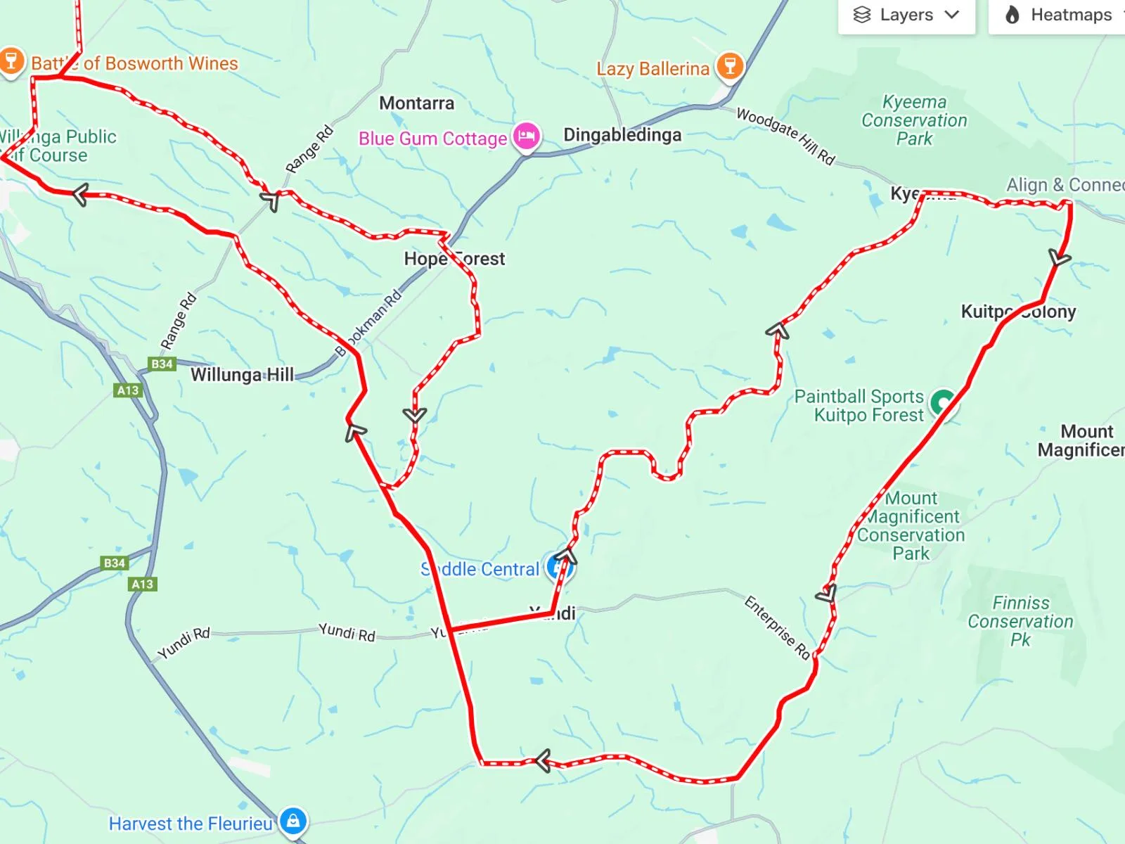 Map showing bike route from Willunga Hill to Kyeema National Park, McLaren Vale