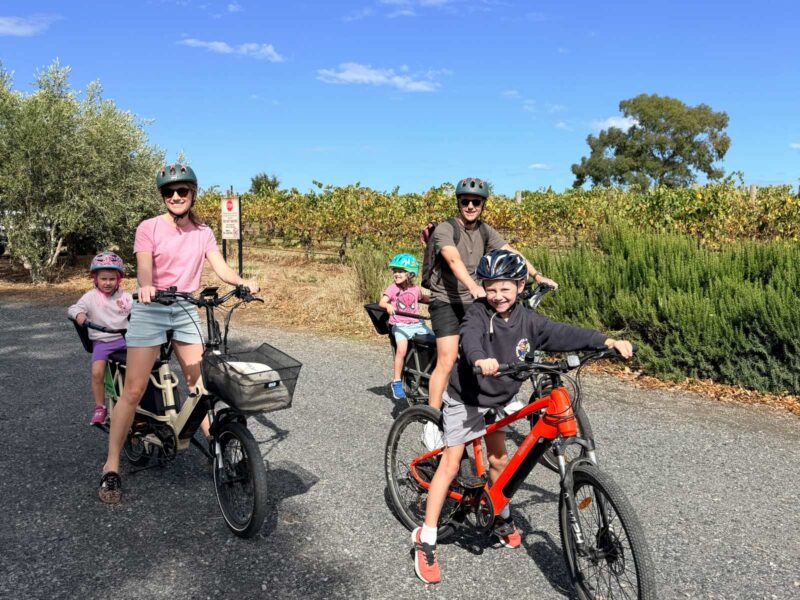 small children riding on the back of cargo bikes with a young boy on his own bike in the foreground
