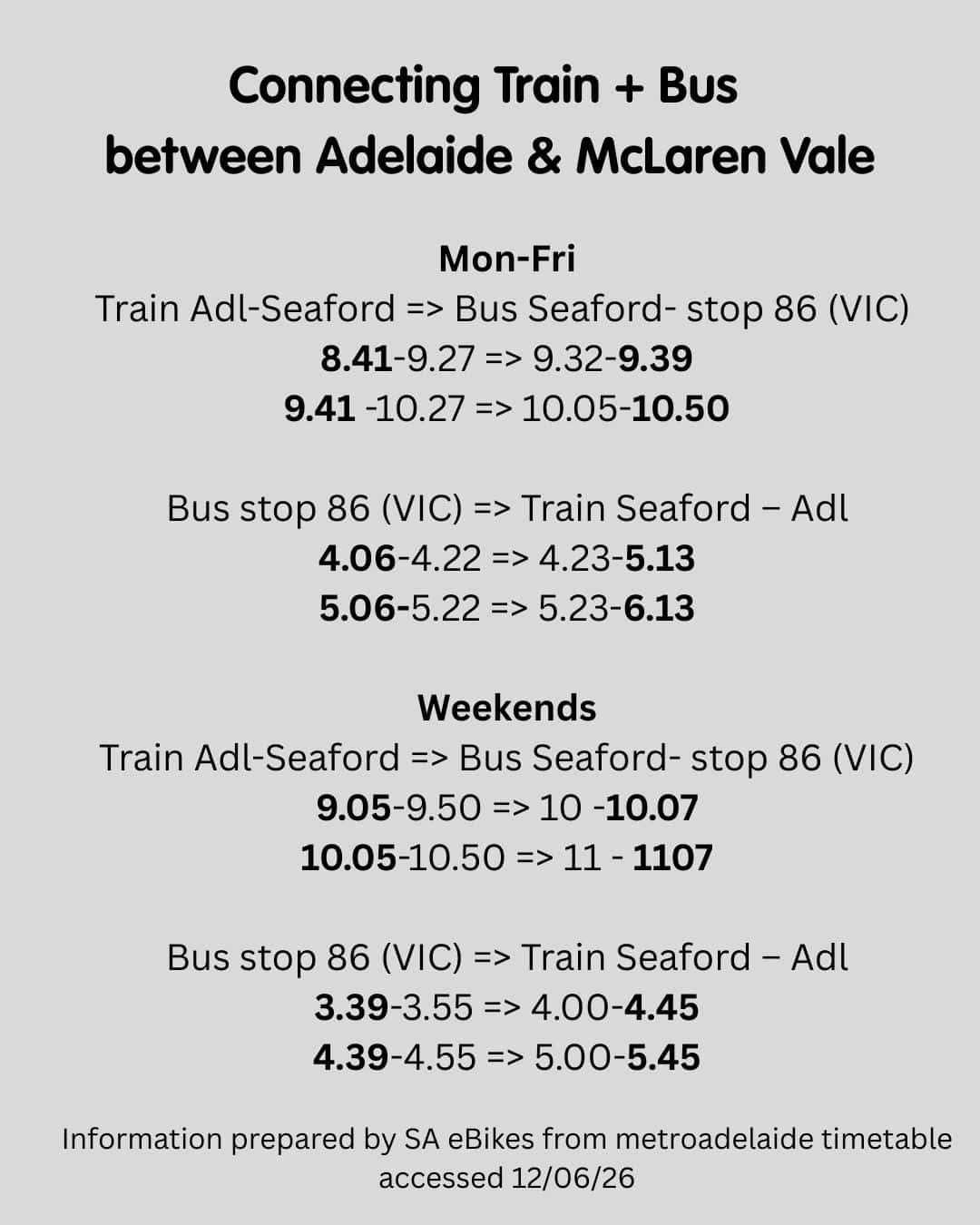 A list of train departure times with times for connecting buses connecting Adelaide to McLaren Vale
