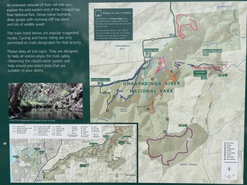 Sign in Onkaparinga River National Park with Walking Trails highlighted in various colours